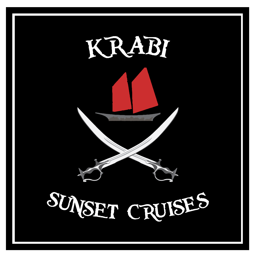 Logo Krabi Sunset Cruises : deux épées se croisant avec un bateau avec des ventes rouges au-dessus et les mots sunset cruises en dessous et un fond noir.